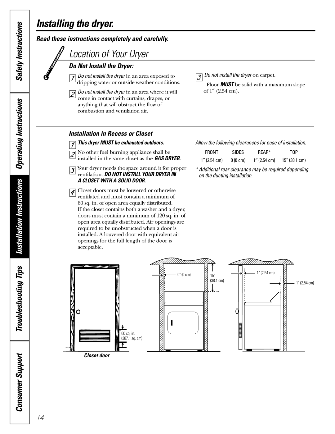 GE DBI.333 Location of Your Dryer, Consumer Support Troubleshooting Tips, Do Not Install the Dryer 