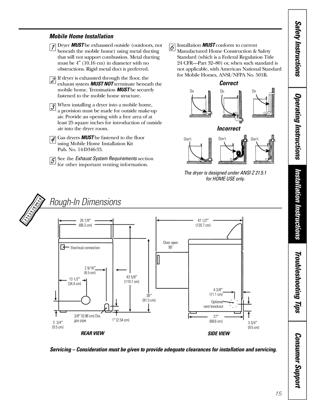 GE DBI.333 installation instructions Rough-In Dimensions, Mobile Home Installation, Rear View, Side View 