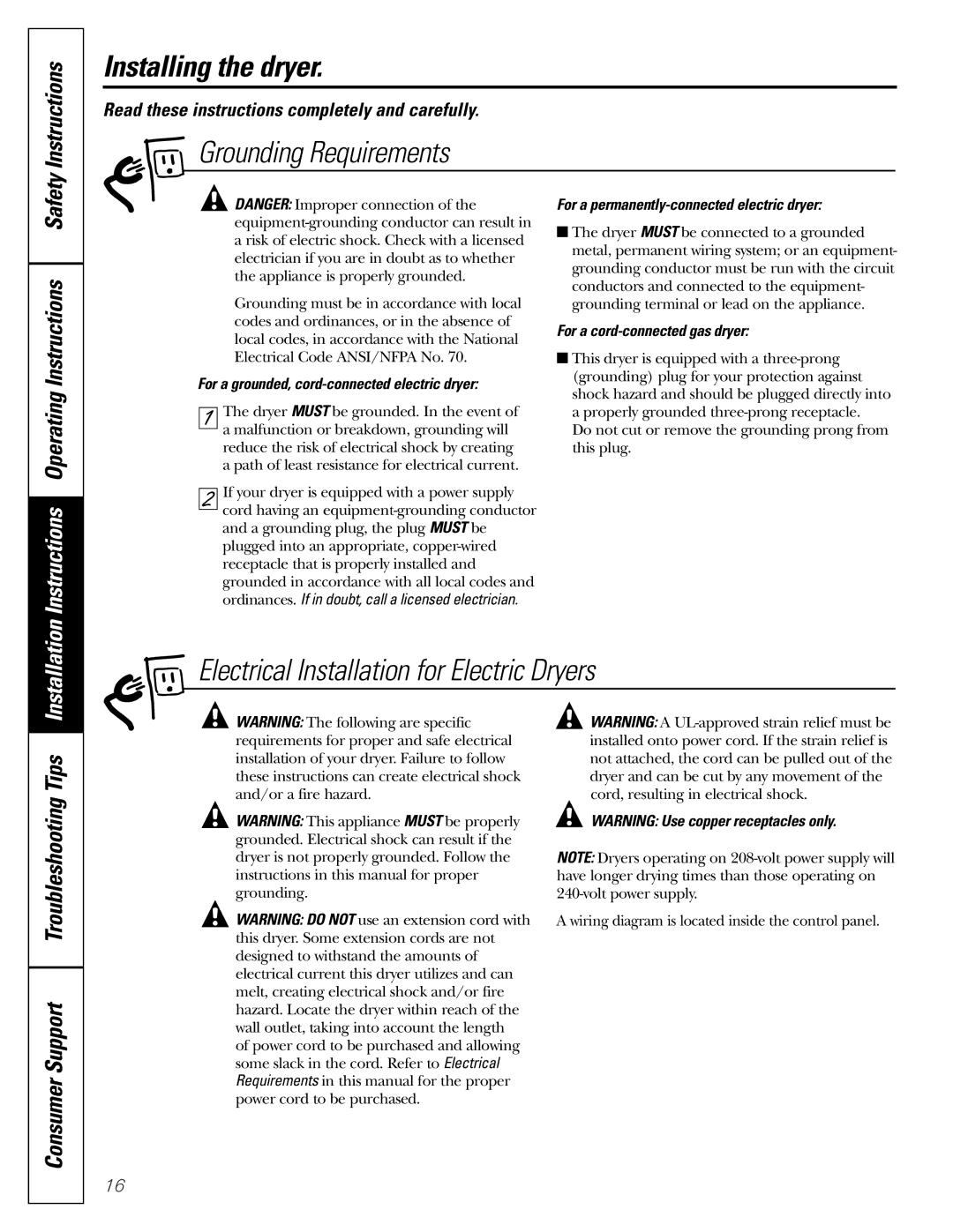 GE DBI.333 Grounding Requirements, Electrical Installation for Electric Dryers, Instructions Operating Instructions Safety 