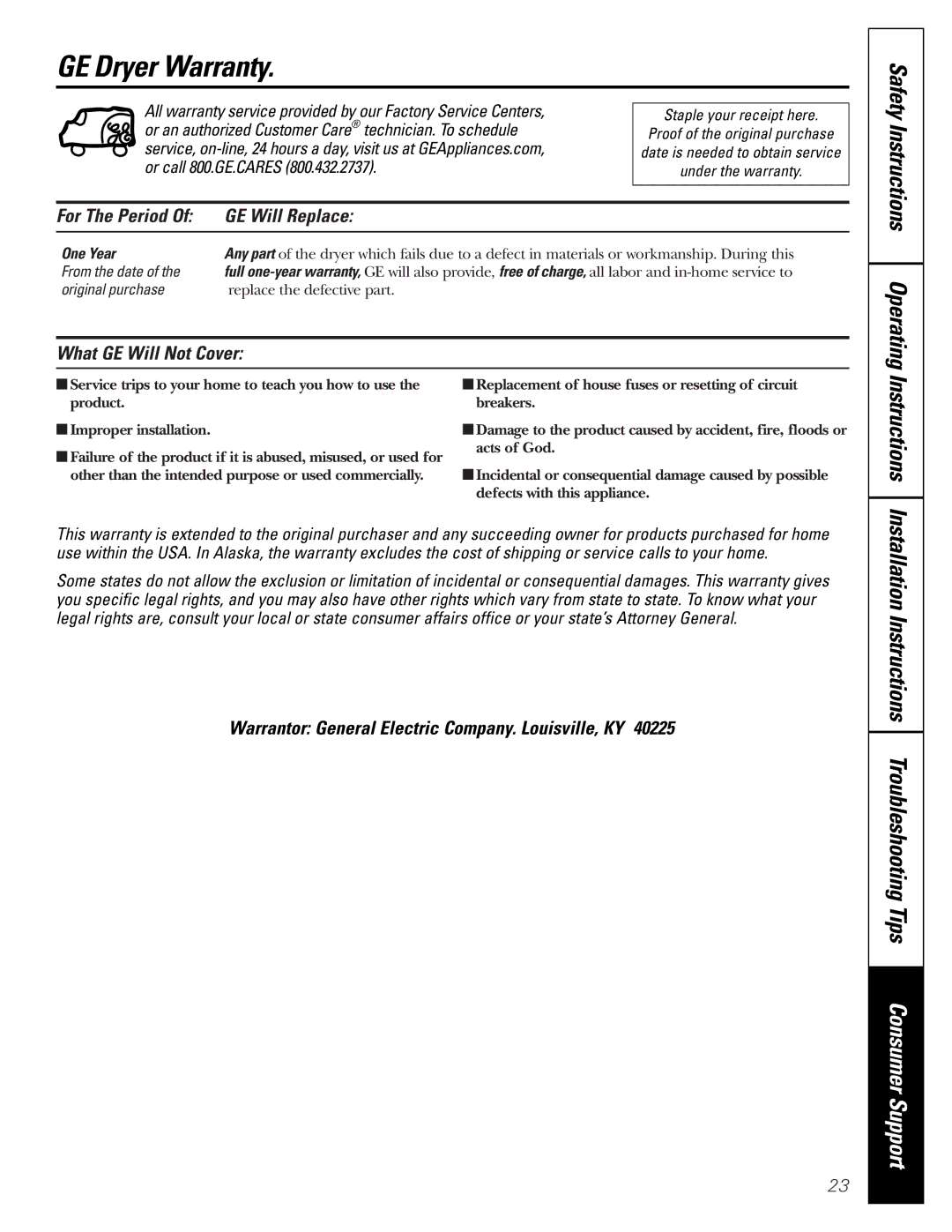 GE DBI.333 GE Dryer Warranty, Safety Instructions Operating, For The Period GE Will Replace, What GE Will Not Cover 