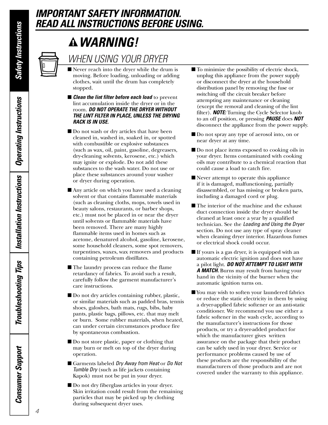 GE DBI.333 installation instructions When Using Your Dryer, Lint Filter in PLACE, Unless the Drying Rack is in USE 