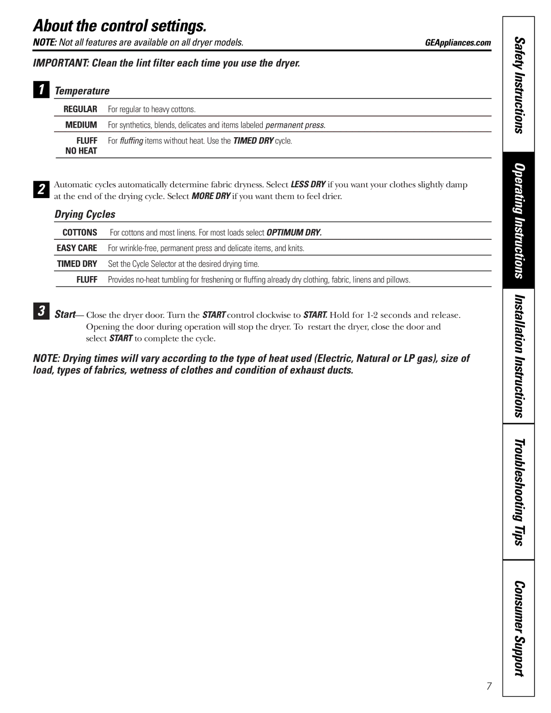 GE DBI.333 installation instructions About the control settings, Drying Cycles 