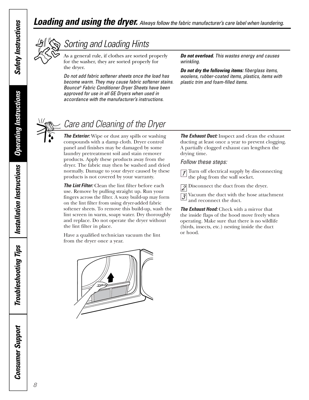 GE DBI.333 installation instructions Sorting and Loading Hints, Care and Cleaning of the Dryer 