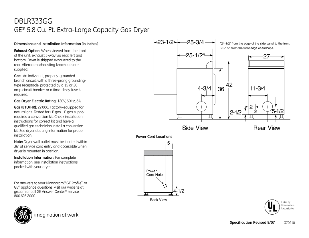 GE DBLR333GG installation instructions Dimensions and Installation Information in inches, Power Cord Locations 