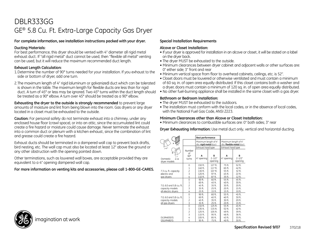 GE DBLR333GG installation instructions Exhaust Length Calculation, Bathroom or Bedroom Installation 