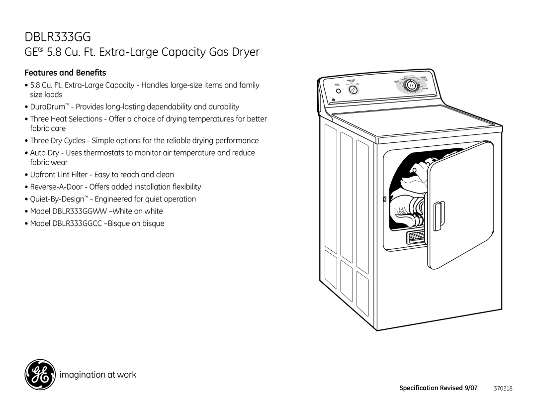 GE DBLR333GG installation instructions Features and Benefits 