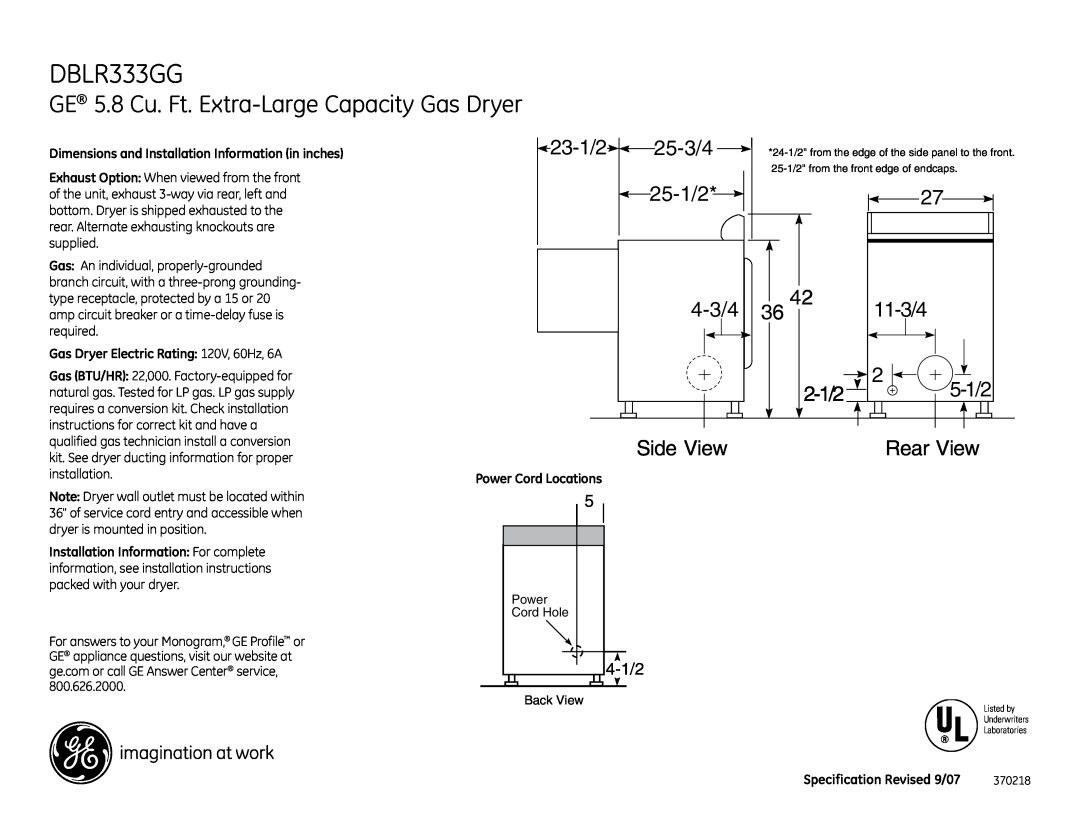 GE DBLR333GG installation instructions GE 5.8 Cu. Ft. Extra-Large Capacity Gas Dryer, 25-1/2, 4-3/4, 36 4, 2-1/2, 25-3/4 