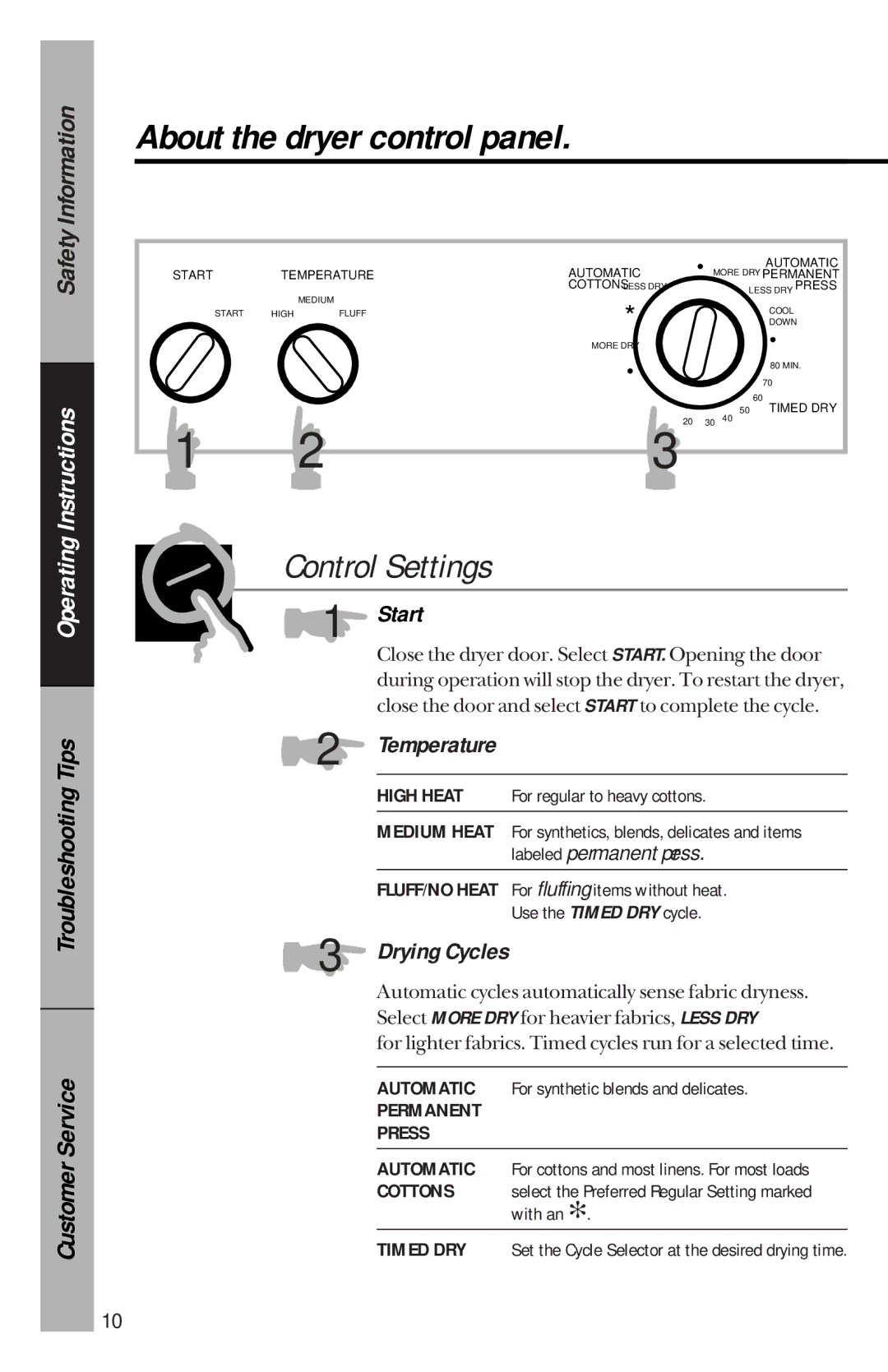 GE DBLR333GT, DBLR333ET owner manual About the dryer control panel, Start, Temperature 