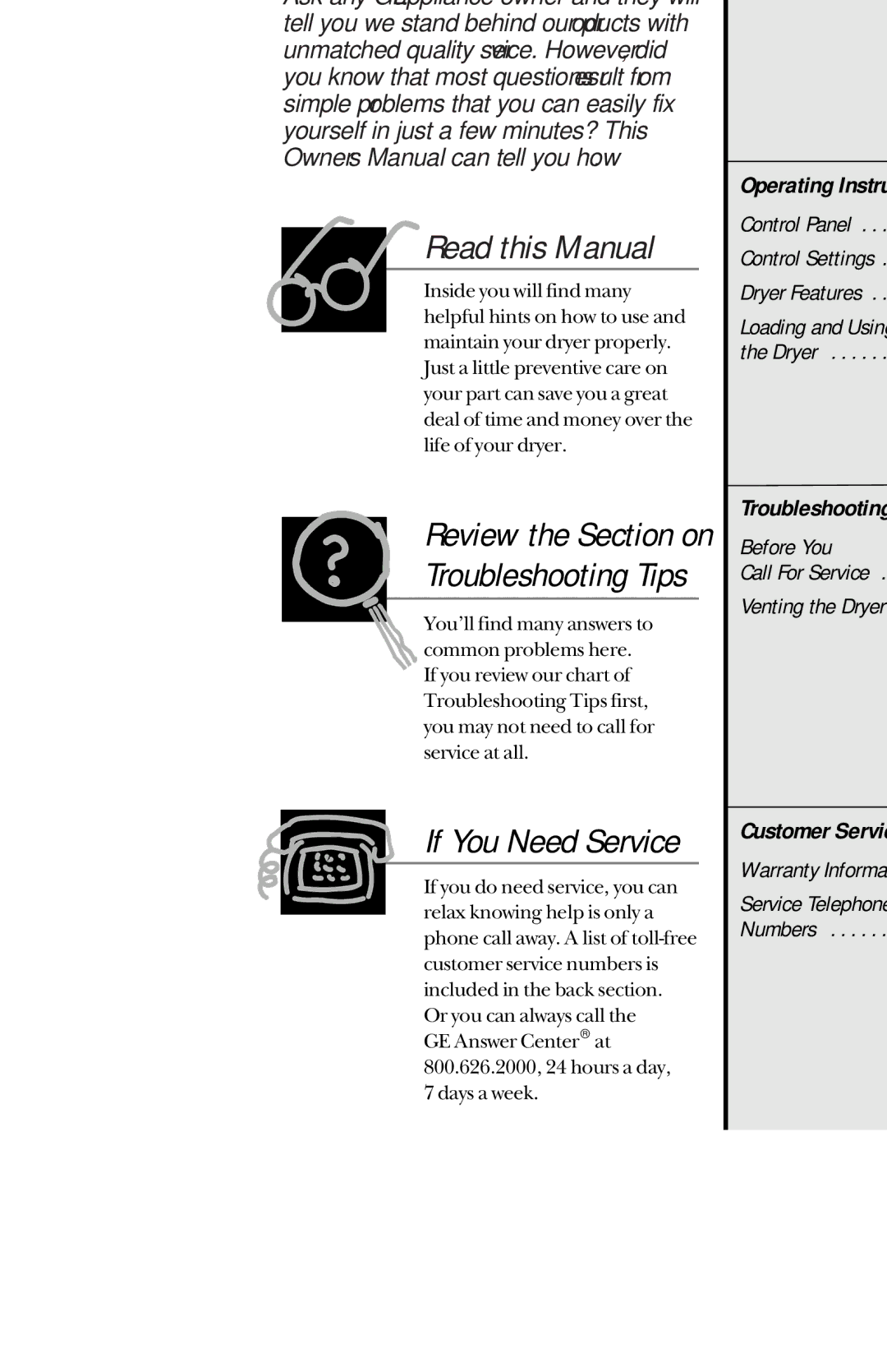 GE DBLR333ET, DBLR333GT GE & You Service Partnership, Operating Instructions, Troubleshooting Tips, Customer Service 