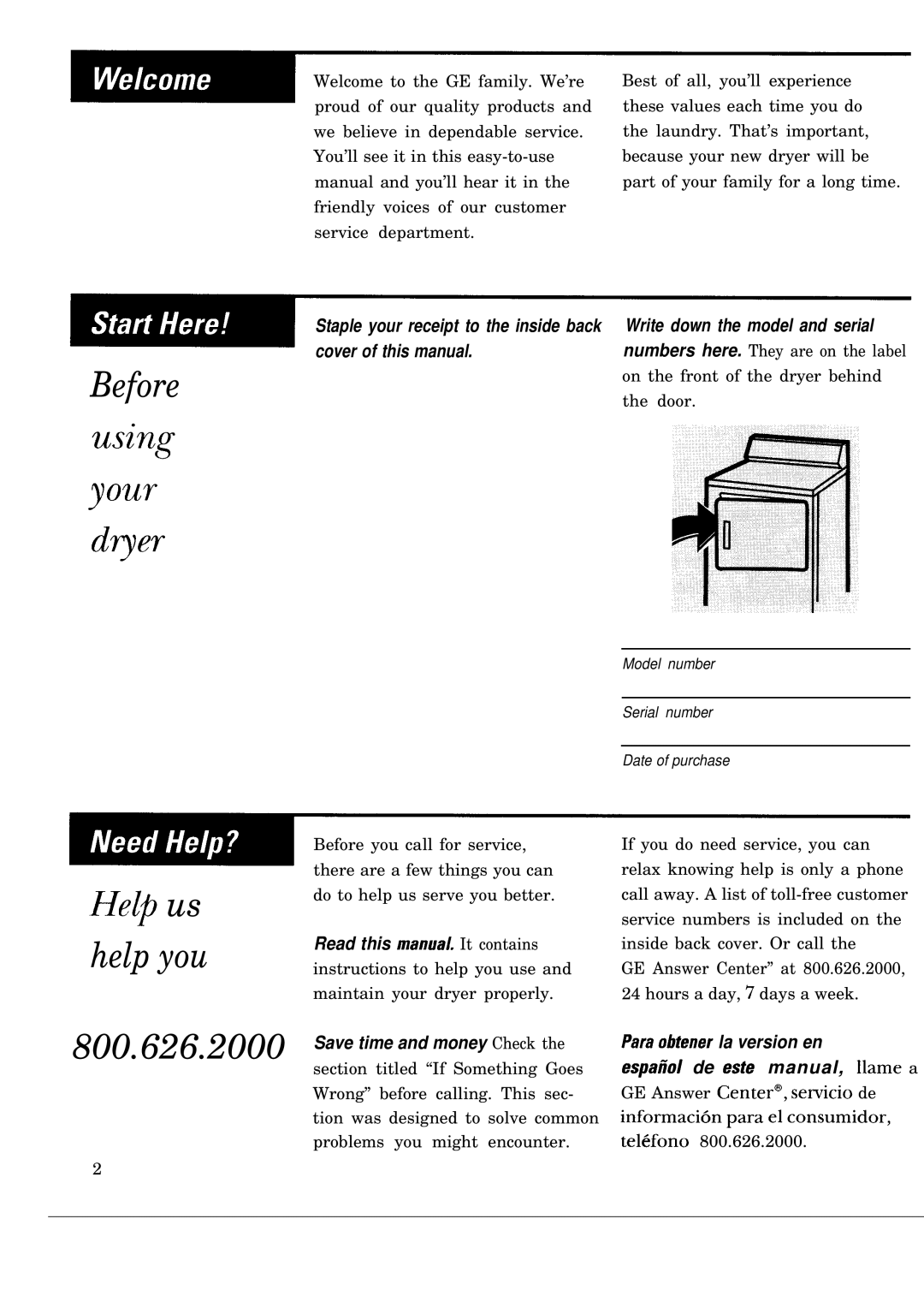 GE DBLR453ET, DBLR453GT operating instructions Before, Help us help you 800.626.2000 