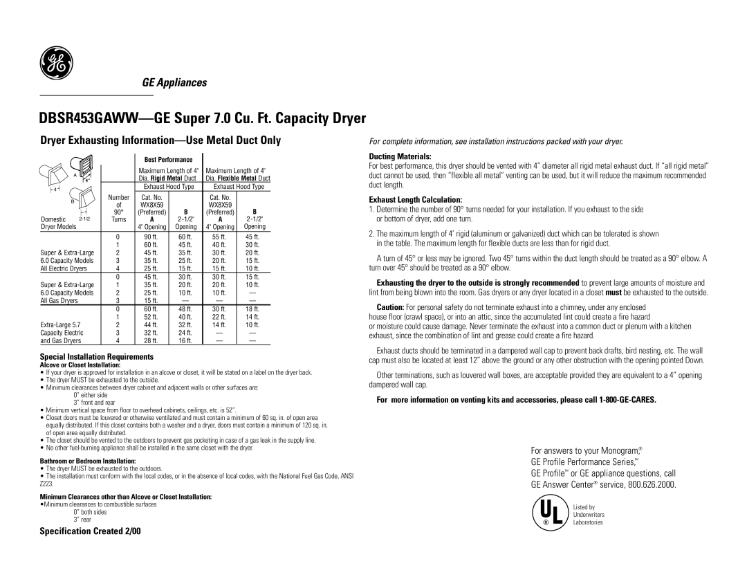 GE DBSR453EAWW, DBSR453EAAA dimensions Ducting Materials, Exhaust Length Calculation, Special Installation Requirements 