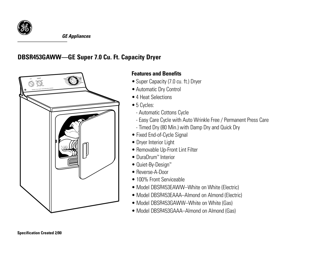 GE DBSR453EAAA, DBSR453EAWW dimensions Features and Benefits, Start 