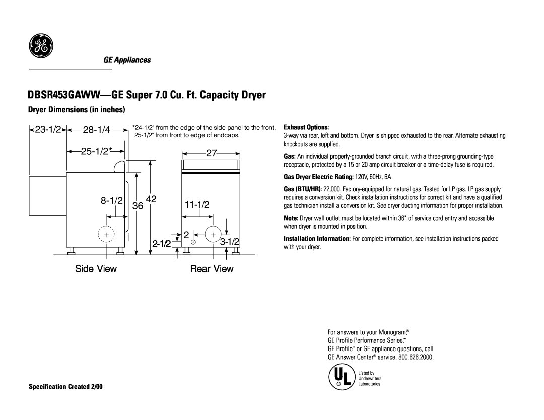 GE DBSR453EAAA, DBSR453EAWW dimensions DBSR453GAWW-GE Super 7.0 Cu. Ft. Capacity Dryer, 23-1/2, 28-1/4, 25-1/2, Rear View 