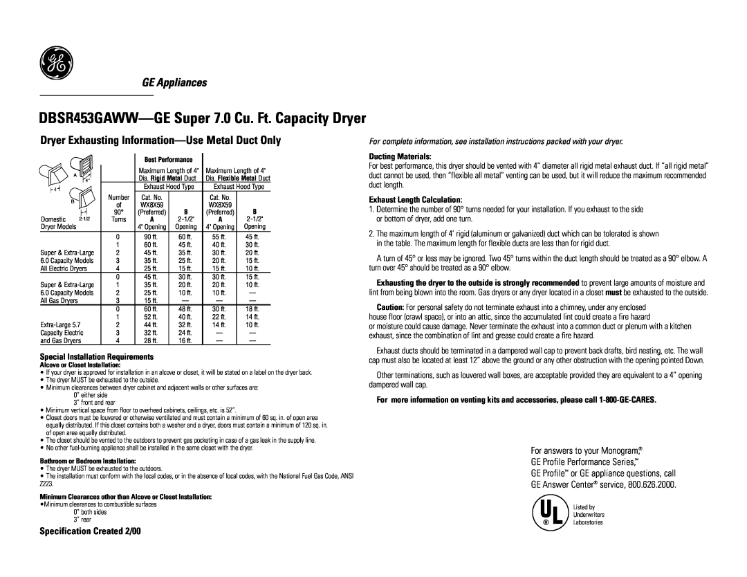 GE DBSR453EAWW, DBSR453EAAA DBSR453GAWW-GE Super 7.0 Cu. Ft. Capacity Dryer, GE Appliances, Specification Created 2/00 