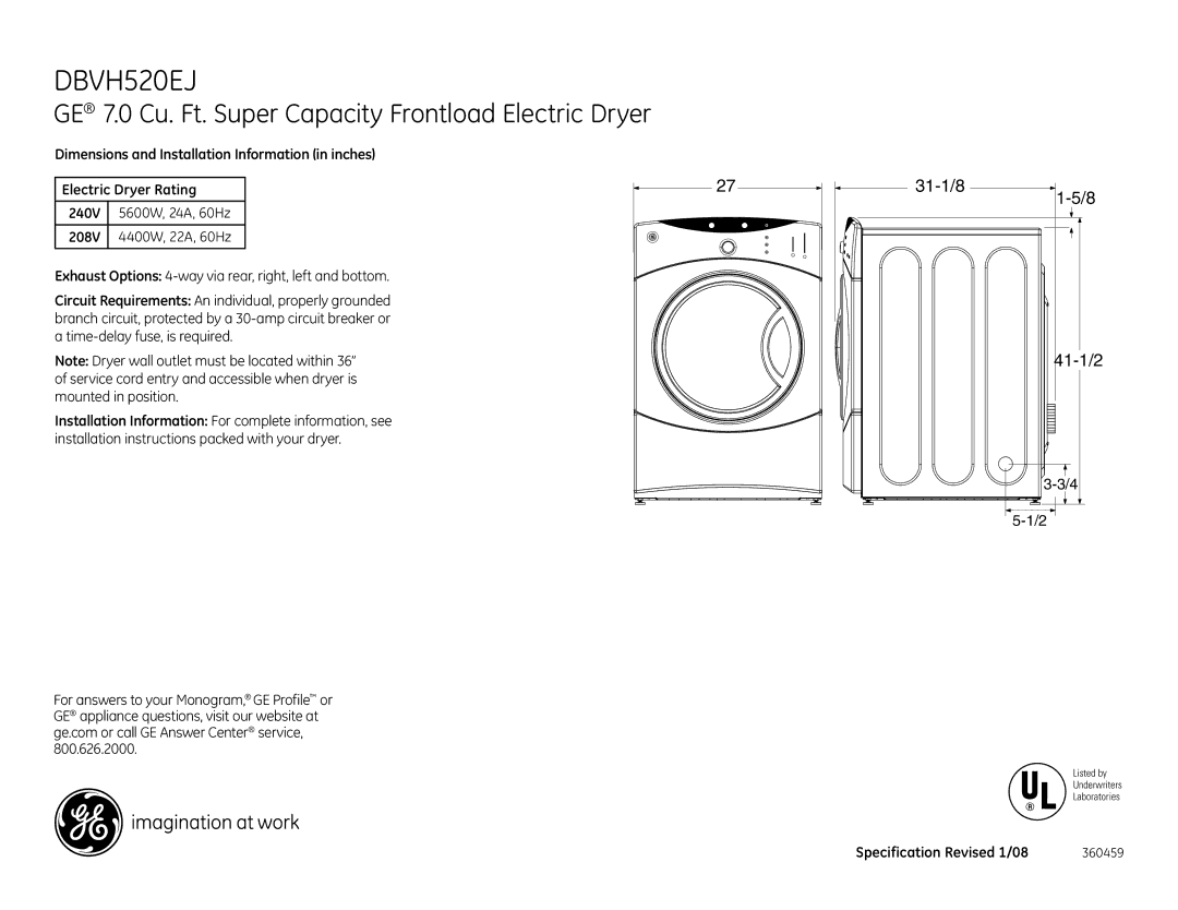 GE DBVH520EJ dimensions Specification Revised 1/08 