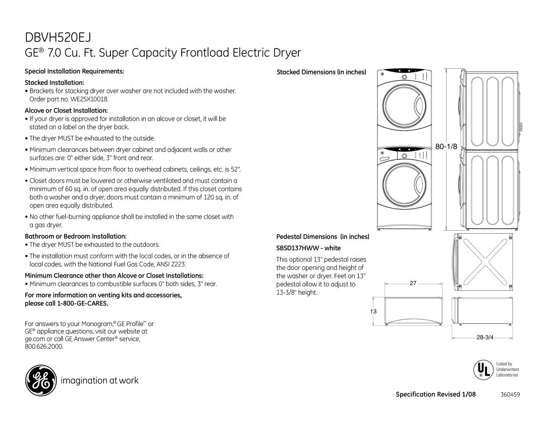 GE DBVH520EJ dimensions Special Installation Requirements Stacked Installation, Alcove or Closet Installation 