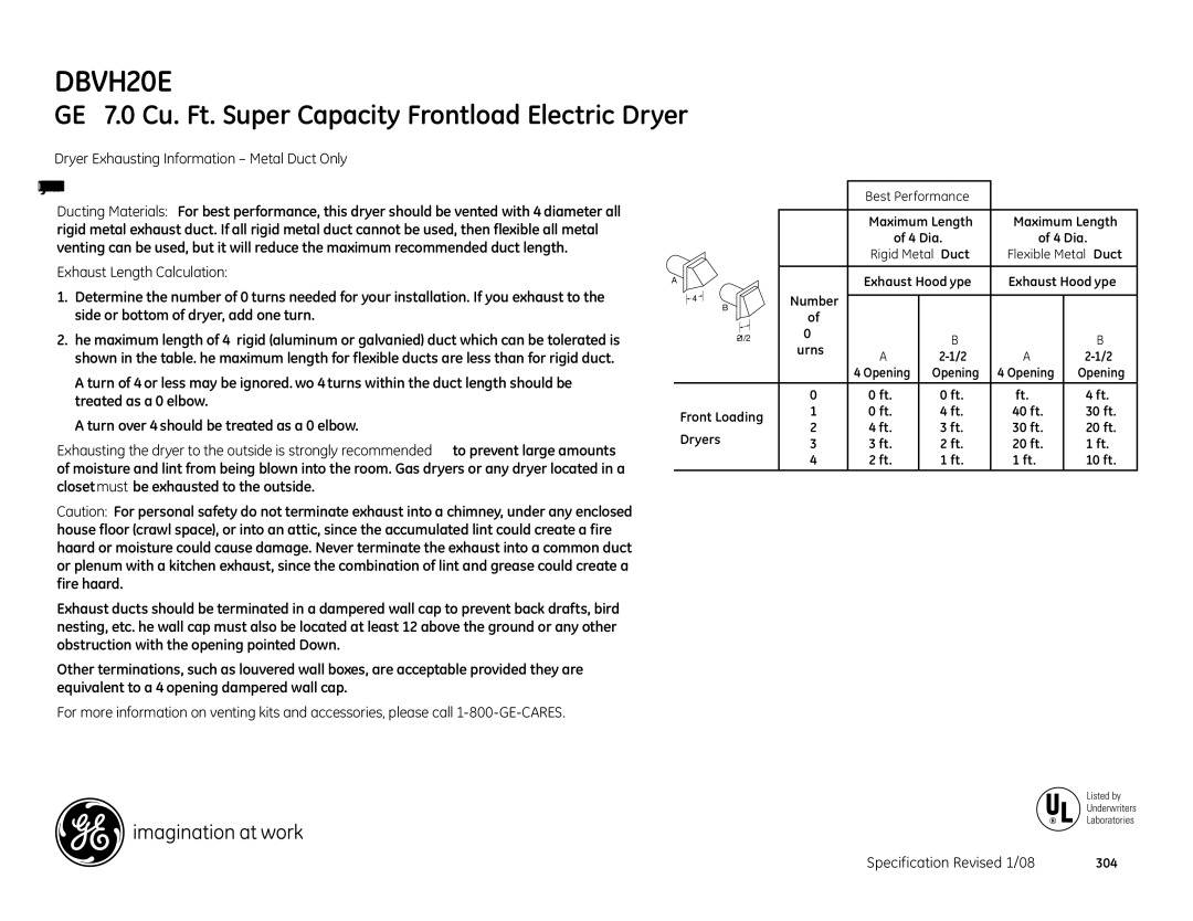 GE DBVH520EJ dimensions Dryer Exhausting Information Metal Duct Only, Exhaust Length Calculation 