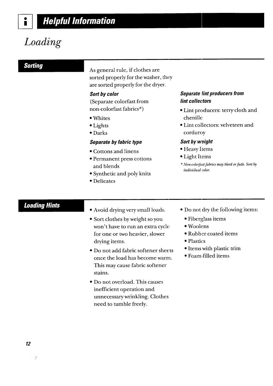 GE DBXR453GT, DBXR453ET owner manual Loading, Separate by fabric type 