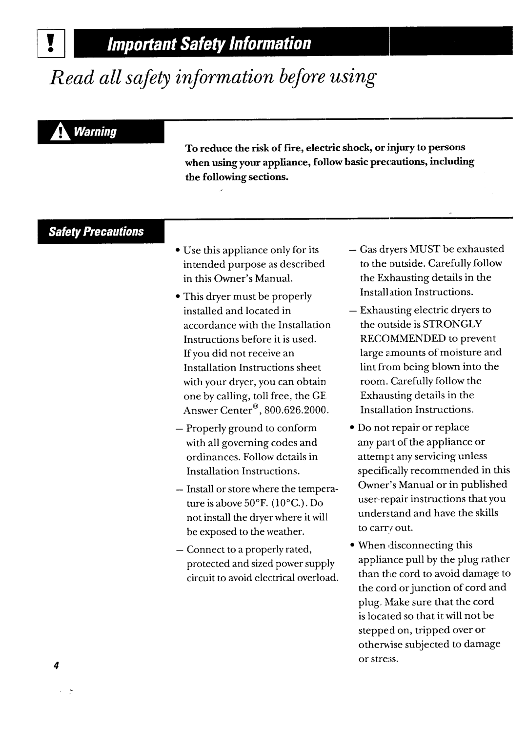 GE DBXR453GT, DBXR453ET owner manual Read all safety information before using 