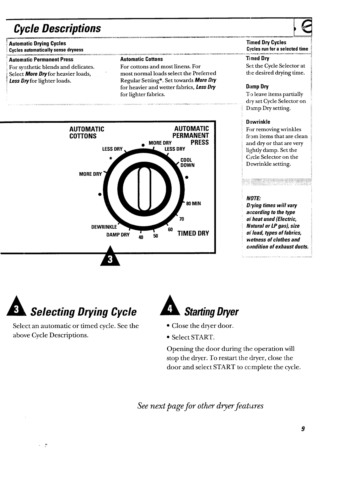 GE DBXR453ET, DBXR453GT owner manual Cycle Descriptions 