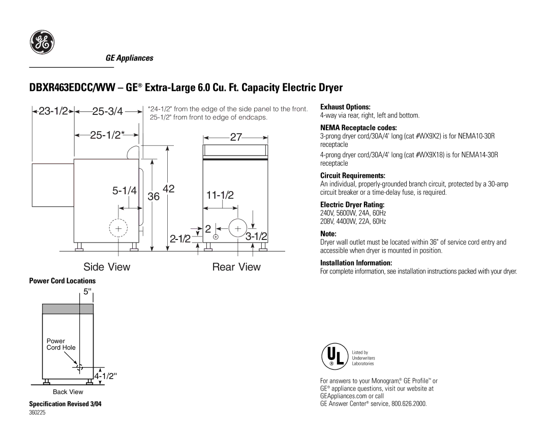 GE DBXR463EDCC/WW installation instructions Power Cord Locations Exhaust Options, Nema Receptacle codes 