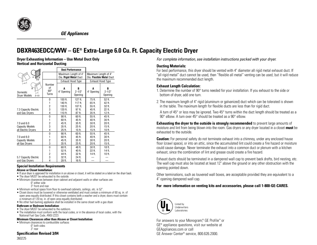 GE DBXR463EDCC/WW installation instructions Ducting Materials, Exhaust Length Calculation, Alcove or Closet Installation 