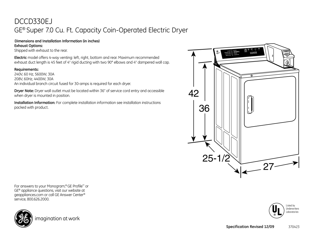 GE DCCD330EJ dimensions GE Super 7.0 Cu. Ft. Capacity Coin-Operated Electric Dryer, Requirements 