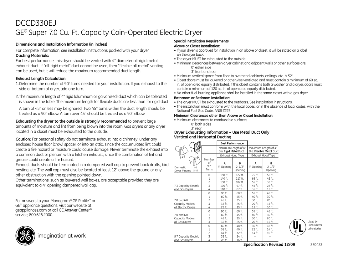 GE DCCD330EJ dimensions Dimensions and Installation Information in inches, Ducting Materials, Exhaust Length Calculation 