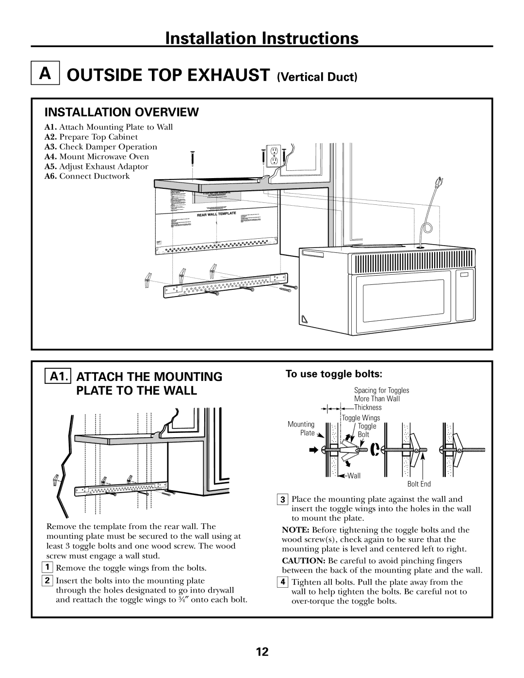 GE DE68-02957A, 39-40425 warranty Installation Overview, A1. Attach the Mounting Plate to the Wall, To use toggle bolts 