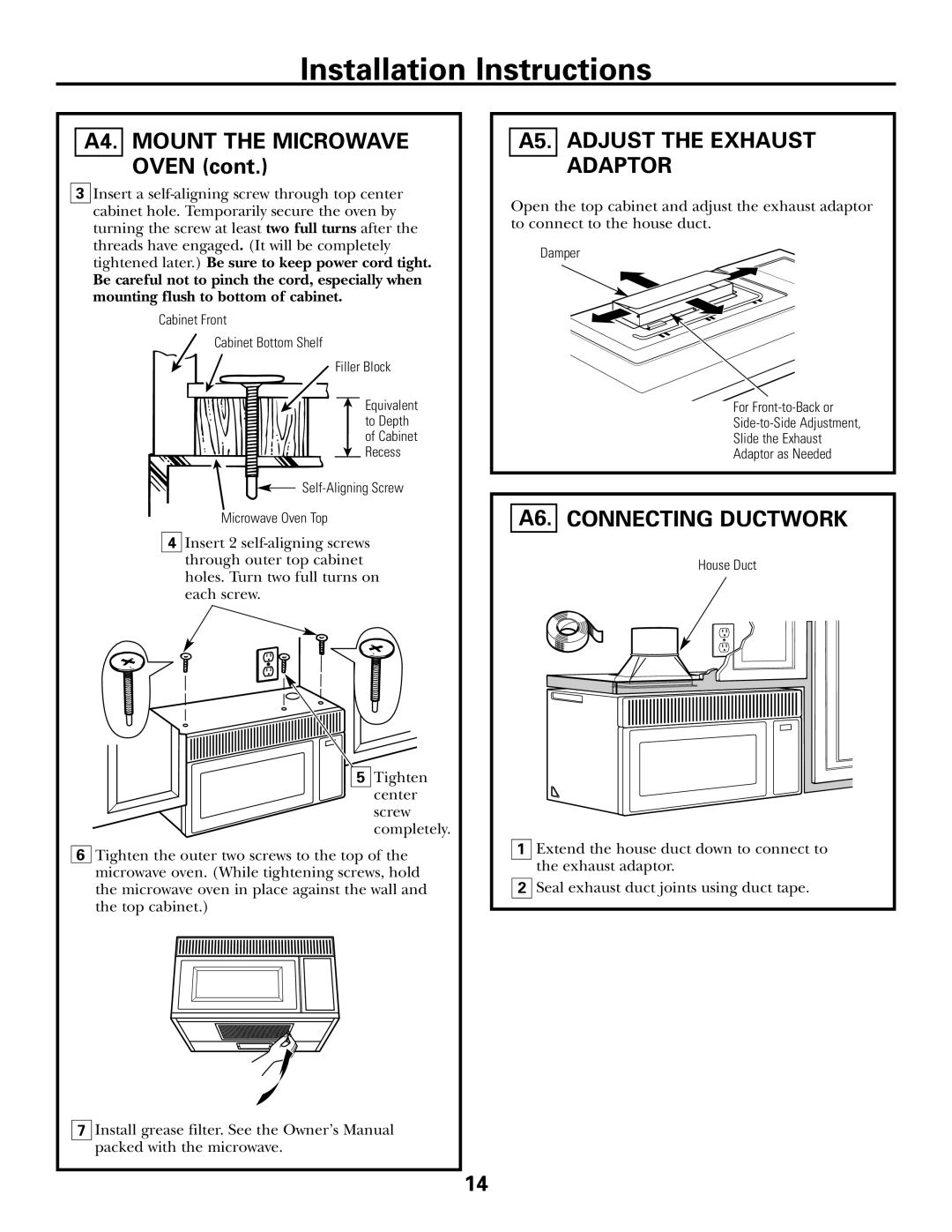 GE DE68-02957A, 39-40425 warranty A4. Mount the Microwave Oven, A5. Adjust the Exhaust Adaptor, A6. Connecting Ductwork 