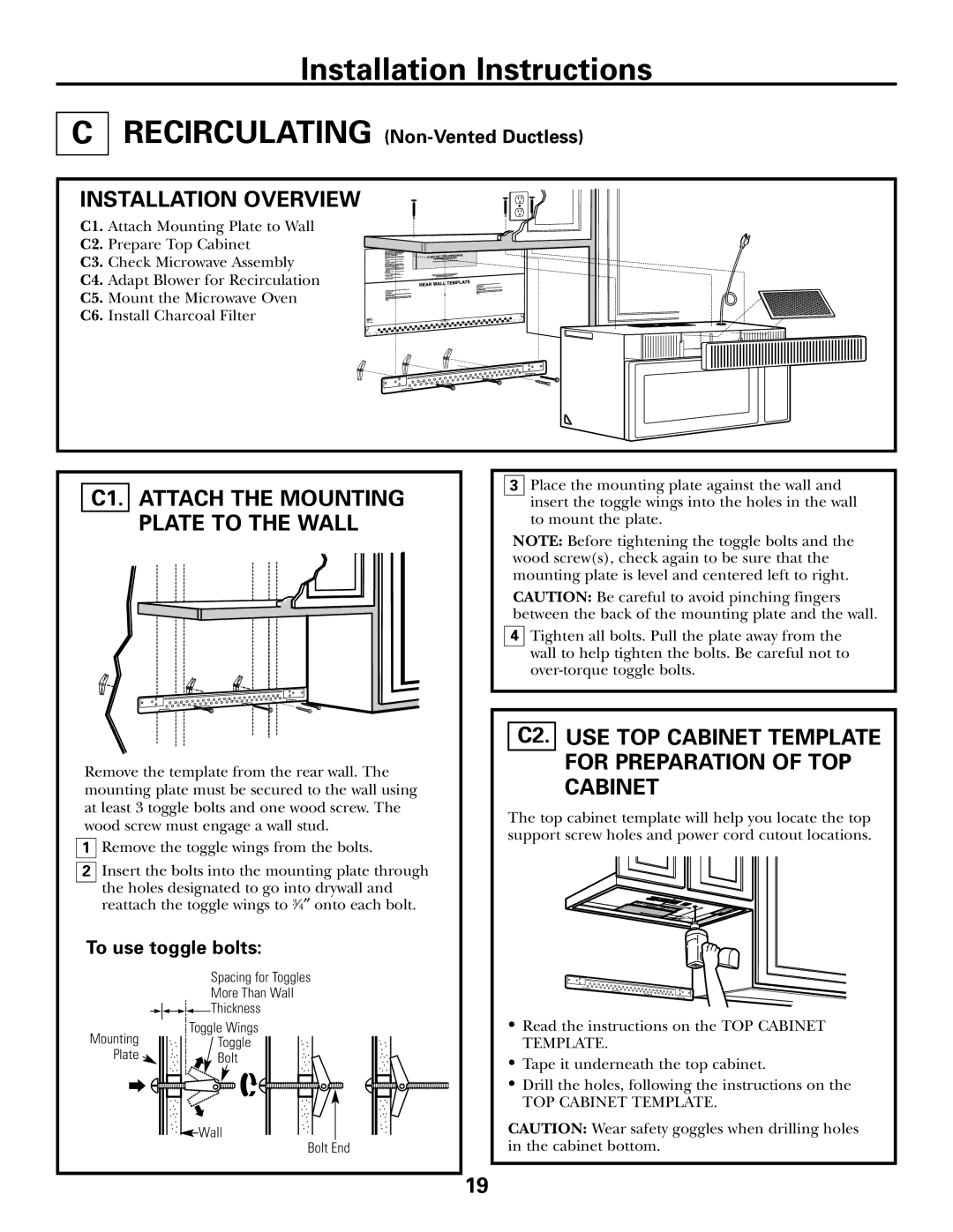 GE 39-40425 warranty C1. Attach the Mounting Plate to the Wall, C2. USE TOP Cabinet Template for Preparation of TOP Cabinet 