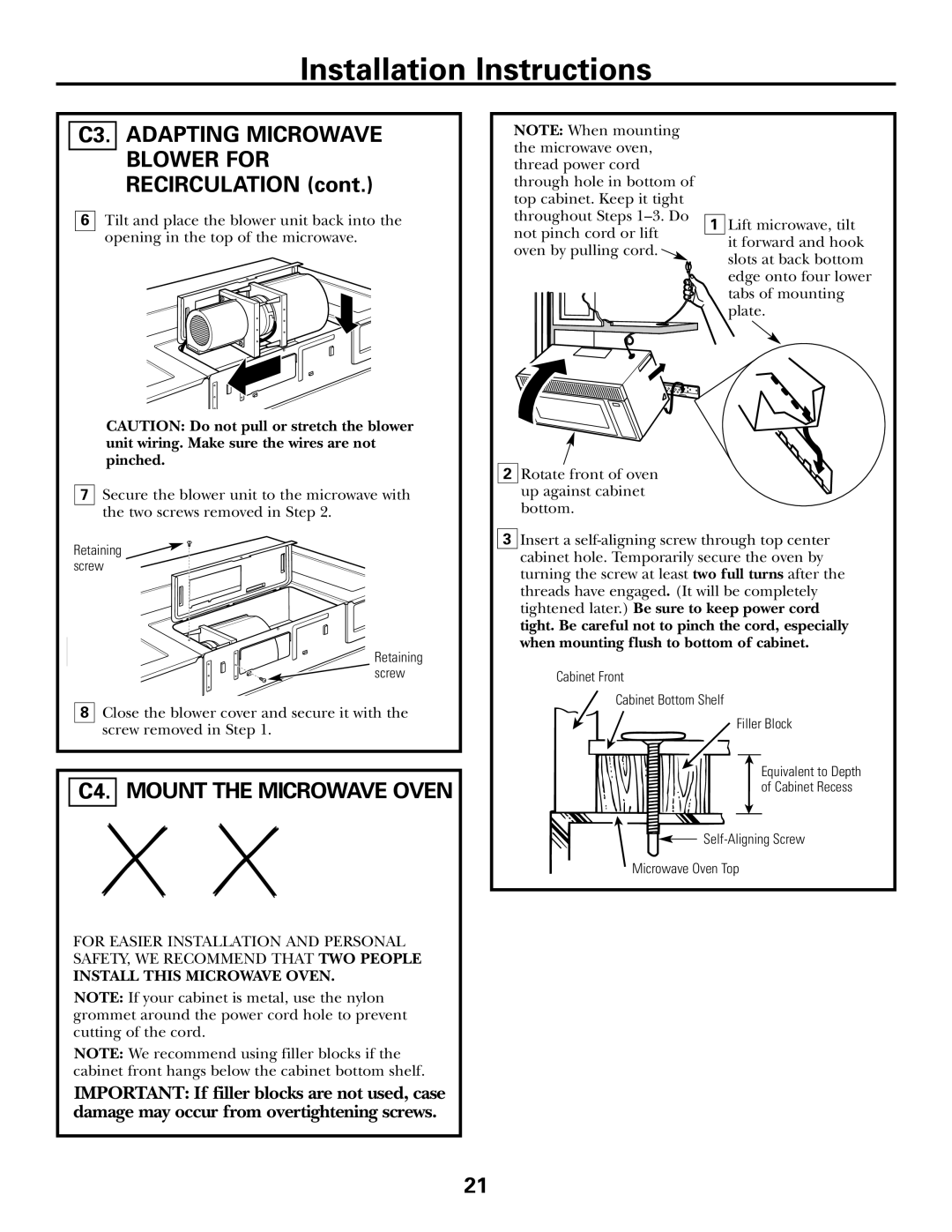 GE 39-40425, DE68-02957A warranty C3. Adapting Microwave Blower for Recirculation, C4. Mount the Microwave Oven 