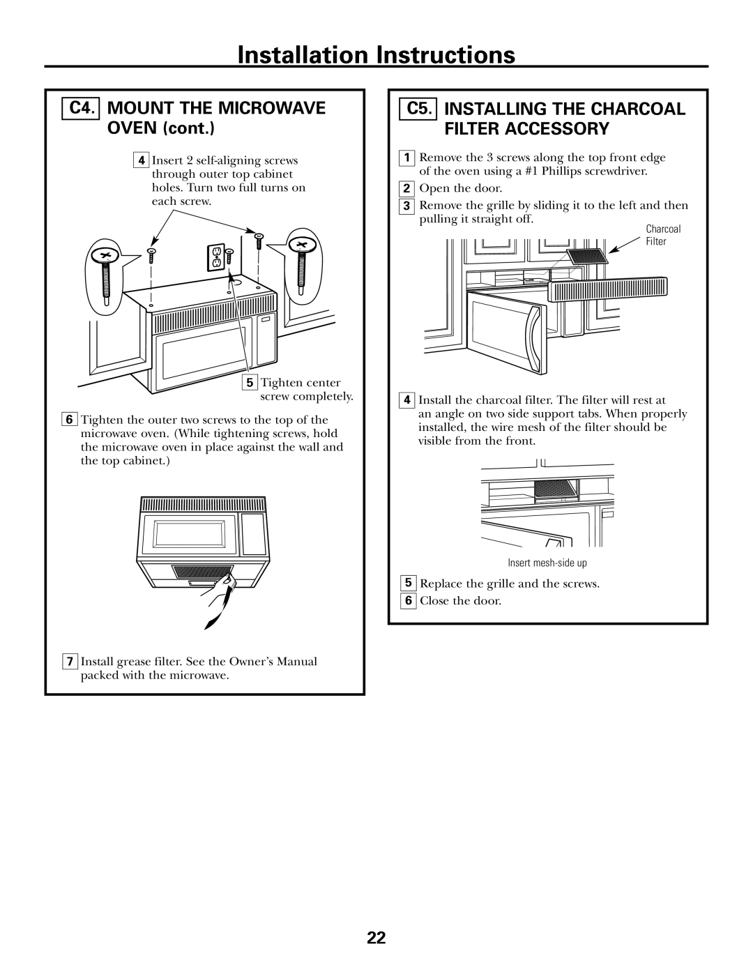 GE DE68-02957A, 39-40425 warranty C4. Mount the Microwave Oven, C5. Installing the Charcoal Filter Accessory 