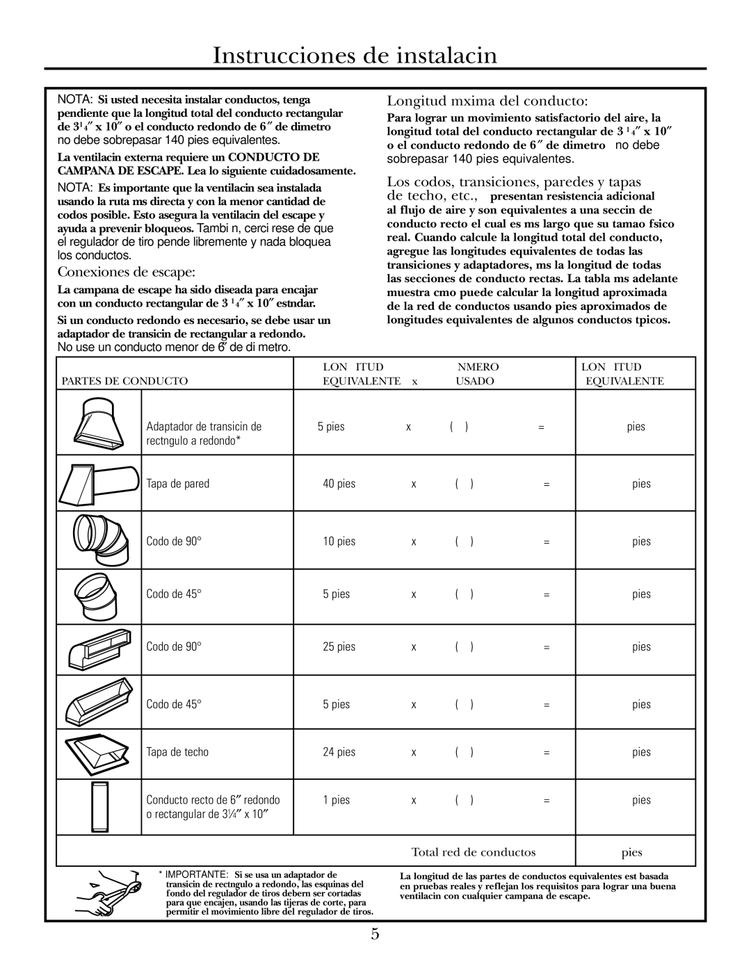 GE 39-40425, DE68-02957A warranty Conexiones de escape, Longitud máxima del conducto 