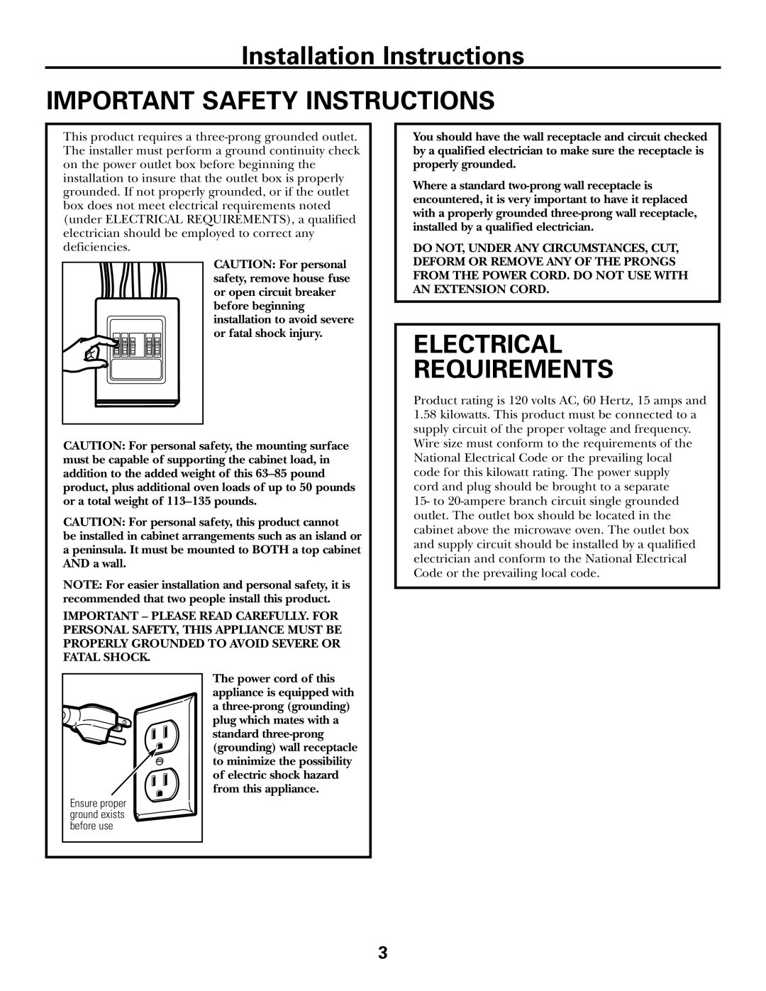 GE 39-40425, DE68-02957A warranty Important Safety Instructions, Electrical Requirements 