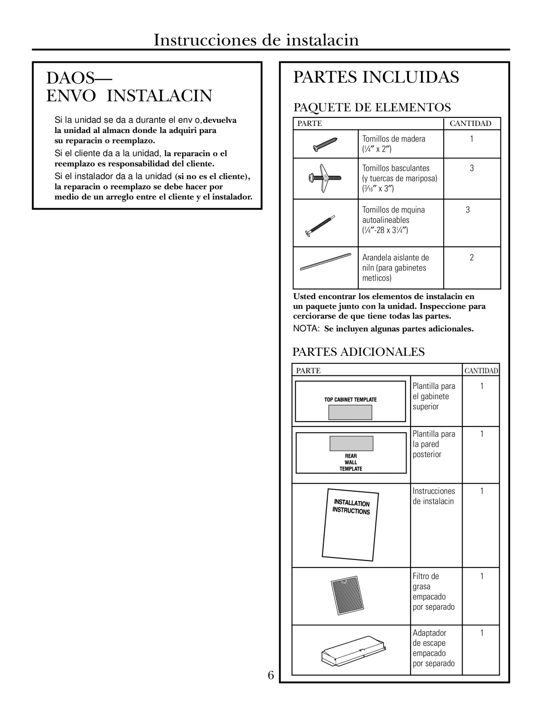 GE DE68-02957A, 39-40425 warranty Daños ENVÍO/INSTALACIÓN, Partes Incluidas, Paquete DE Elementos, Partes Adicionales 