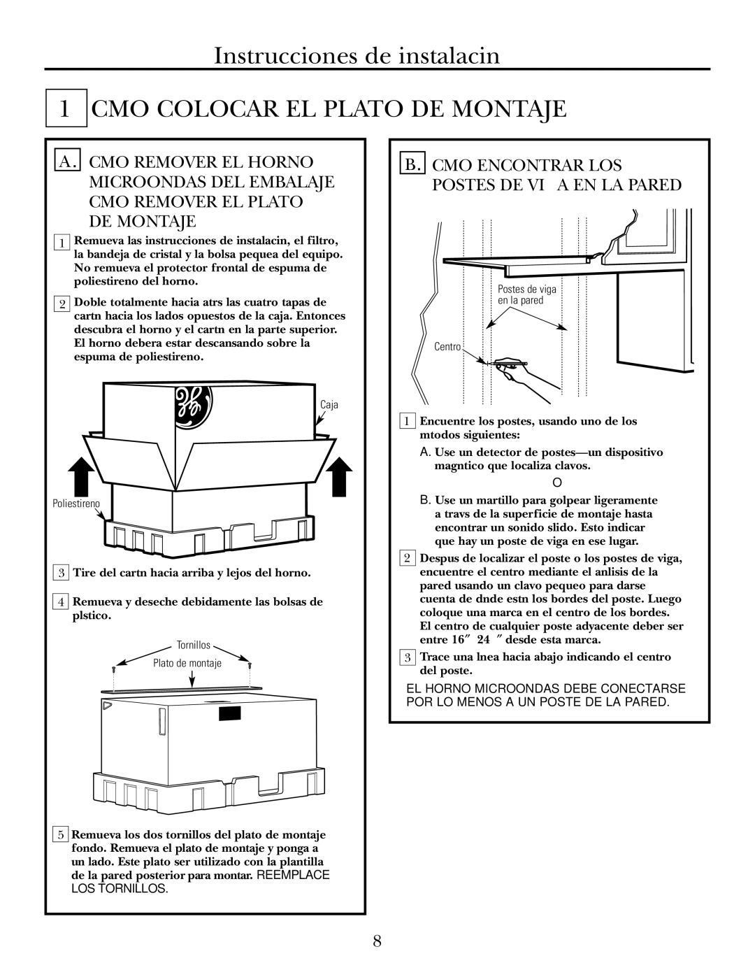 GE DE68-02957A, 39-40425 warranty Cómo Colocar EL Plato DE Montaje, Cómo Encontrar LOS Postes DE Viga EN LA Pared 