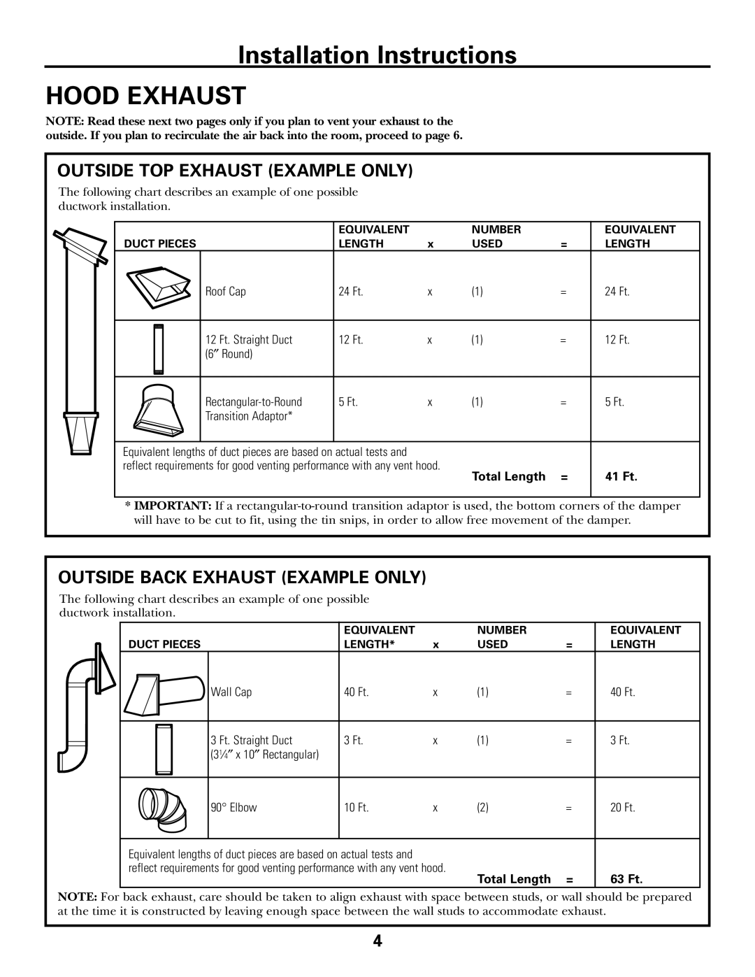 GE DE68-02957A, 39-40425 warranty Hood Exhaust, Outside TOP Exhaust Example only, Outside Back Exhaust Example only 