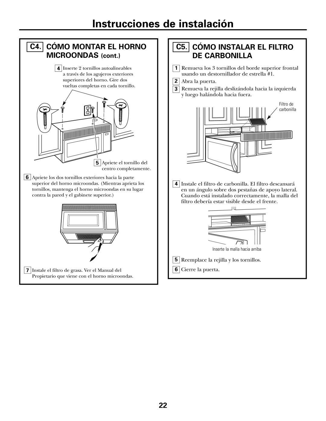 GE DE68-02957A, 39-40425 warranty C4. Cómo Montar EL Horno Microondas, C5. Cómo Instalar EL Filtro DE Carbonilla 