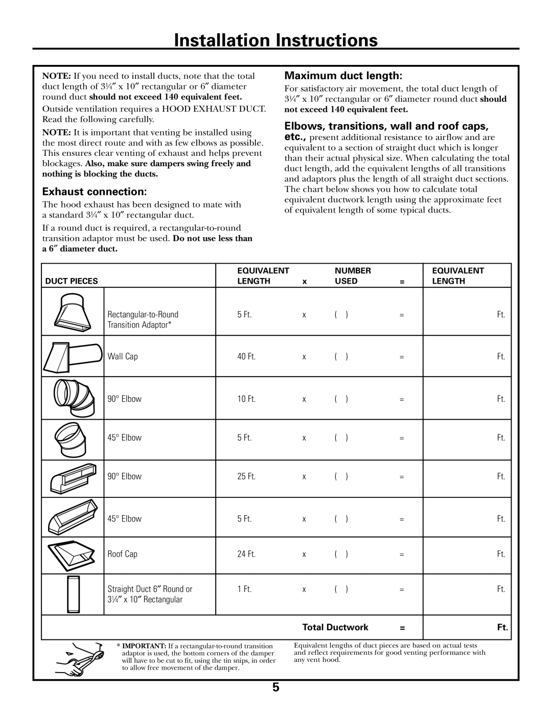 GE 39-40425, DE68-02957A warranty Exhaust connection, Maximum duct length 