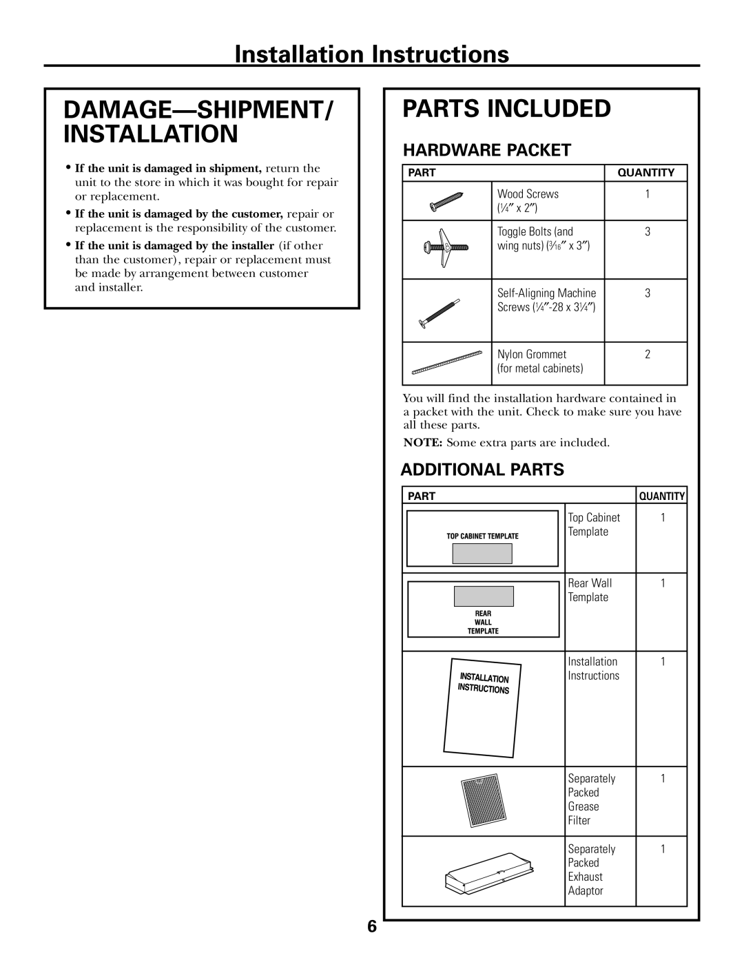 GE DE68-02957A, 39-40425 warranty DAMAGE-SHIPMENT/ Installation, Parts Included, Hardware Packet, Additional Parts 