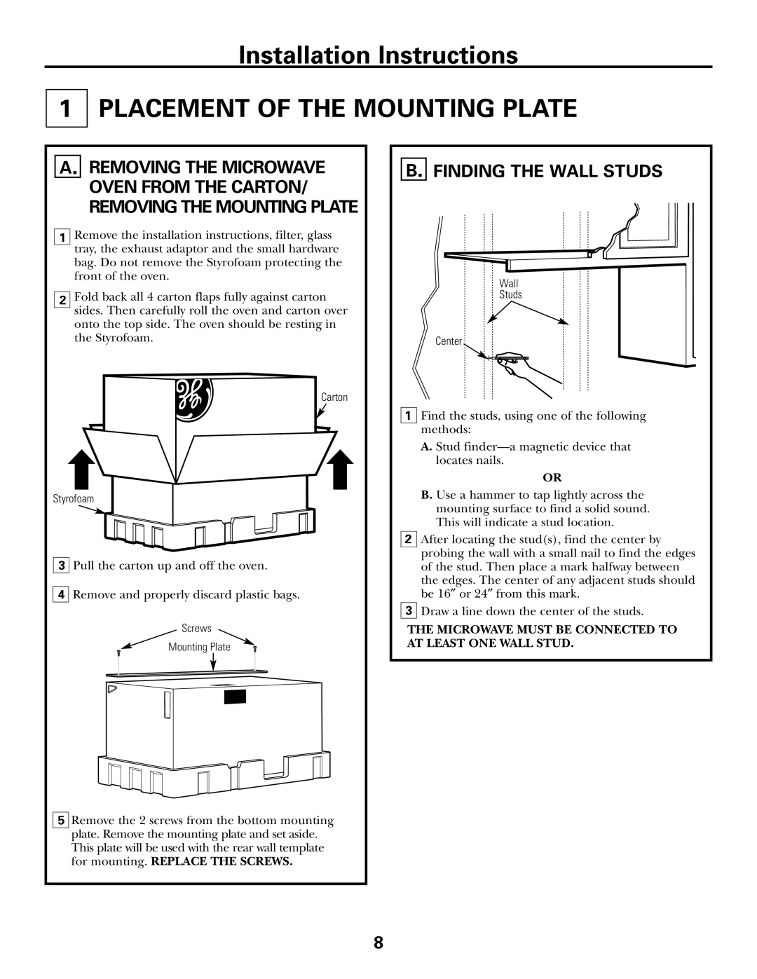 GE DE68-02957A, 39-40425 warranty Placement of the Mounting Plate, Removing the Microwave, Finding the Wall Studs 