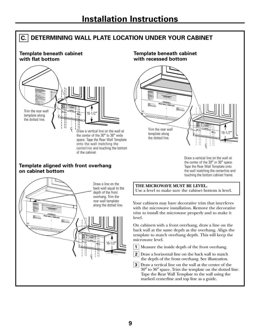 GE 39-40425 Determining Wall Plate Location Under Your Cabinet, Template aligned with front overhang on cabinet bottom 