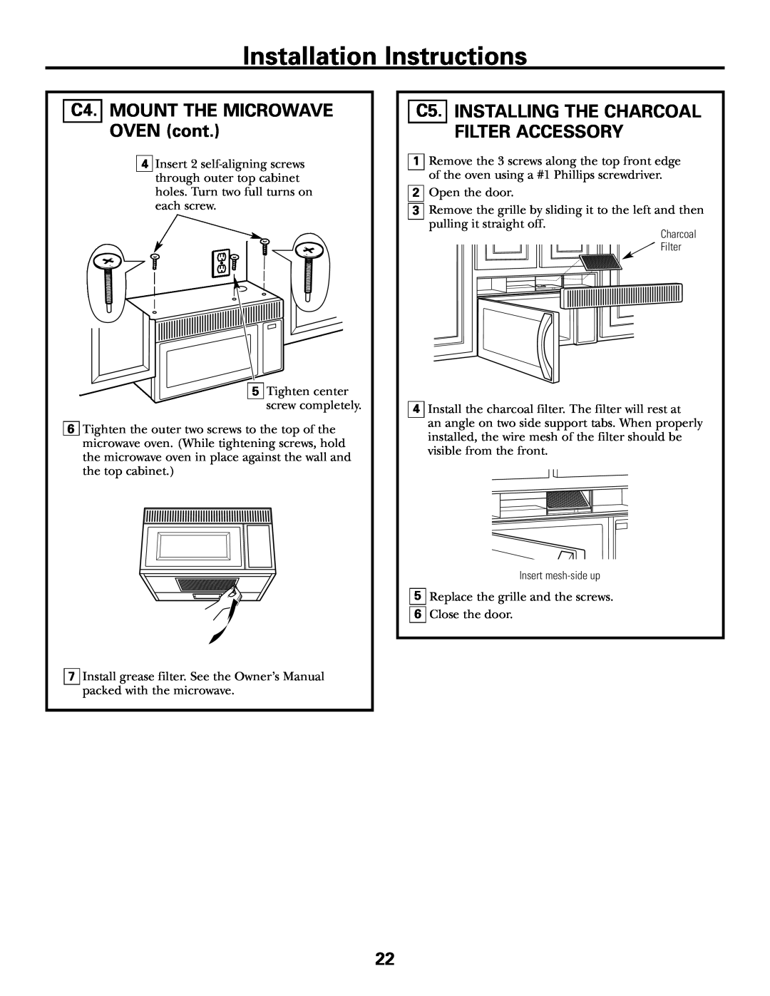 GE DE68-02957A C4. MOUNT THE MICROWAVE OVEN cont, C5. INSTALLING THE CHARCOAL FILTER ACCESSORY, Installation Instructions 