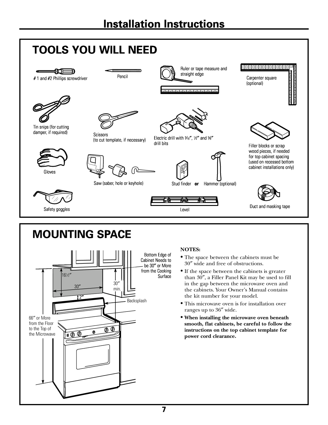 GE 39-40425, DE68-02957A warranty Installation Instructions TOOLS YOU WILL NEED, Mounting Space, Notes 