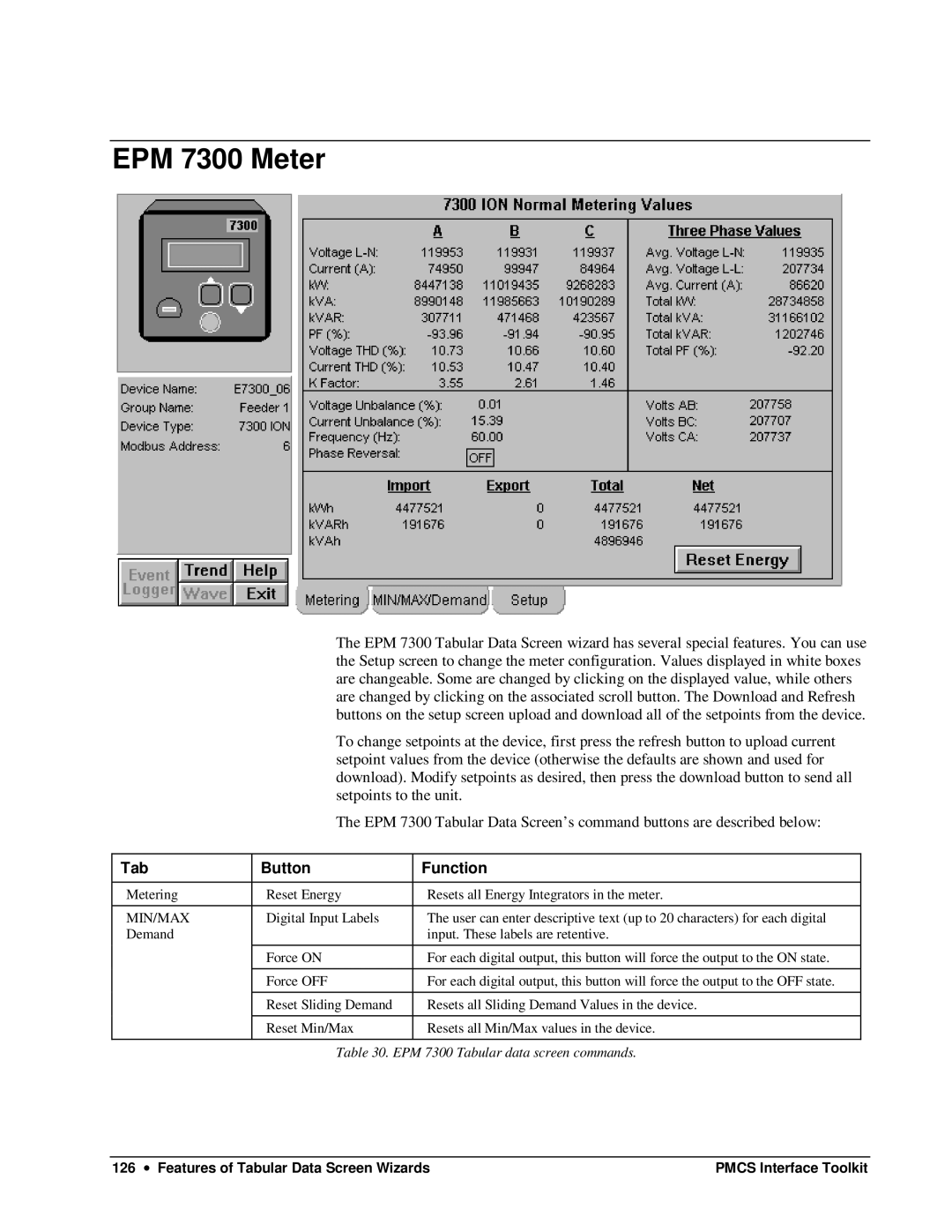 GE DEH-210 manual EPM 7300 Meter, Tab Button Function 