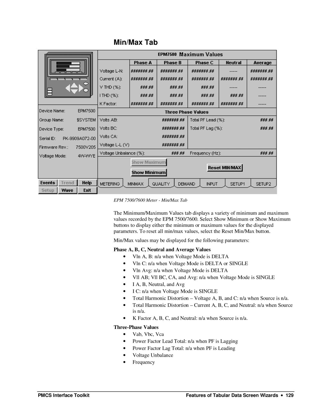 GE DEH-210 manual Min/Max Tab, Phase A, B, C, Neutral and Average Values 