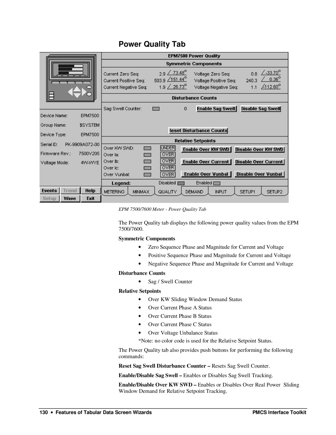 GE DEH-210 manual Power Quality Tab, Symmetric Components 