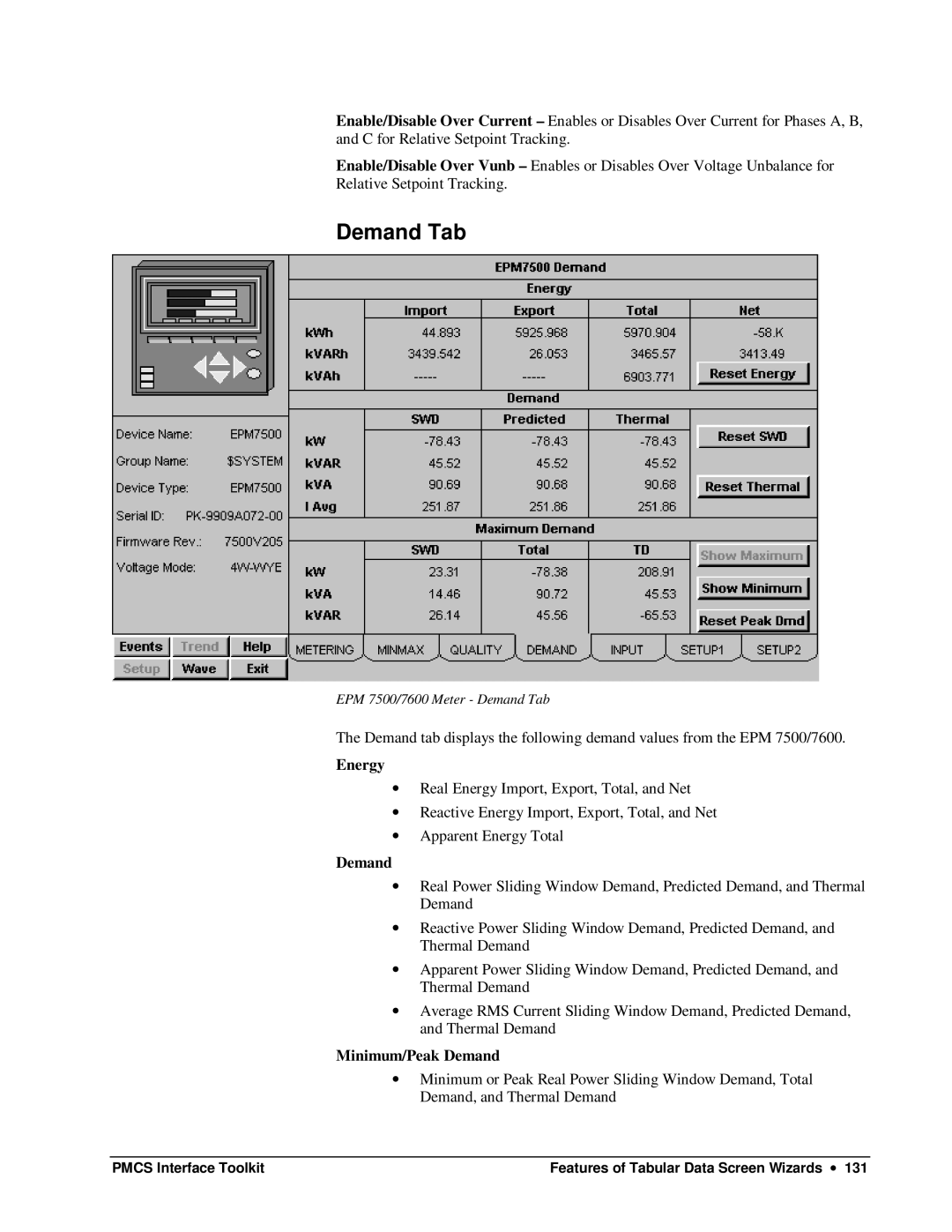 GE DEH-210 manual Demand Tab, Energy 