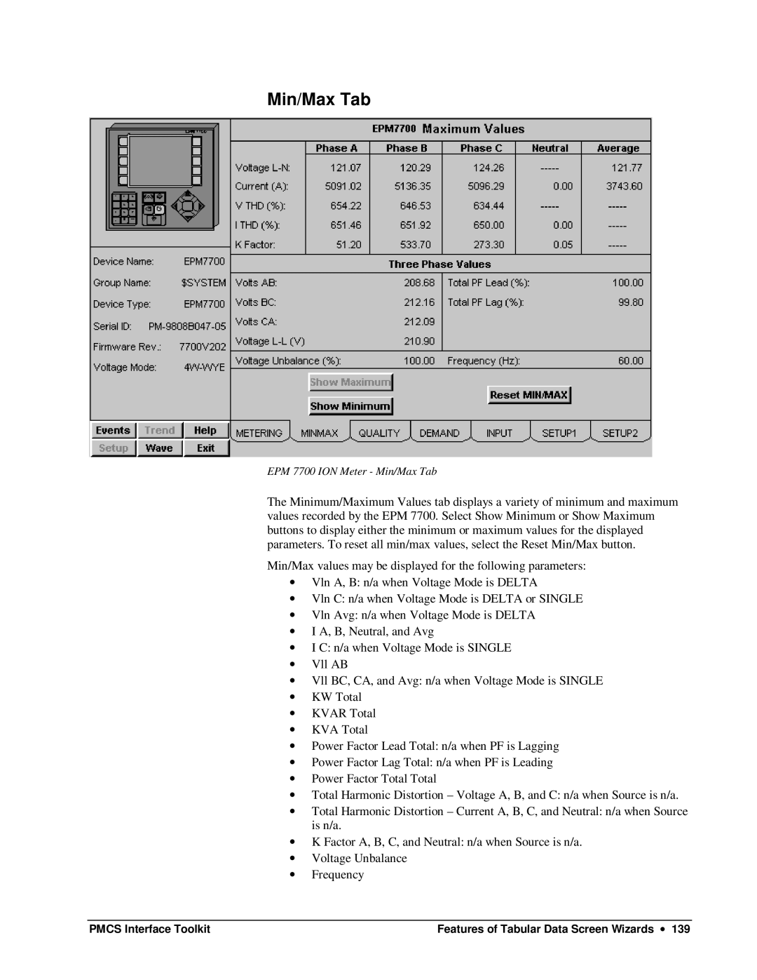 GE DEH-210 manual EPM 7700 ION Meter Min/Max Tab 